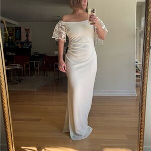 NWT Marina Size 12 Elegant Off-Shoulder Ivory White Long Formal Dress w Cinching